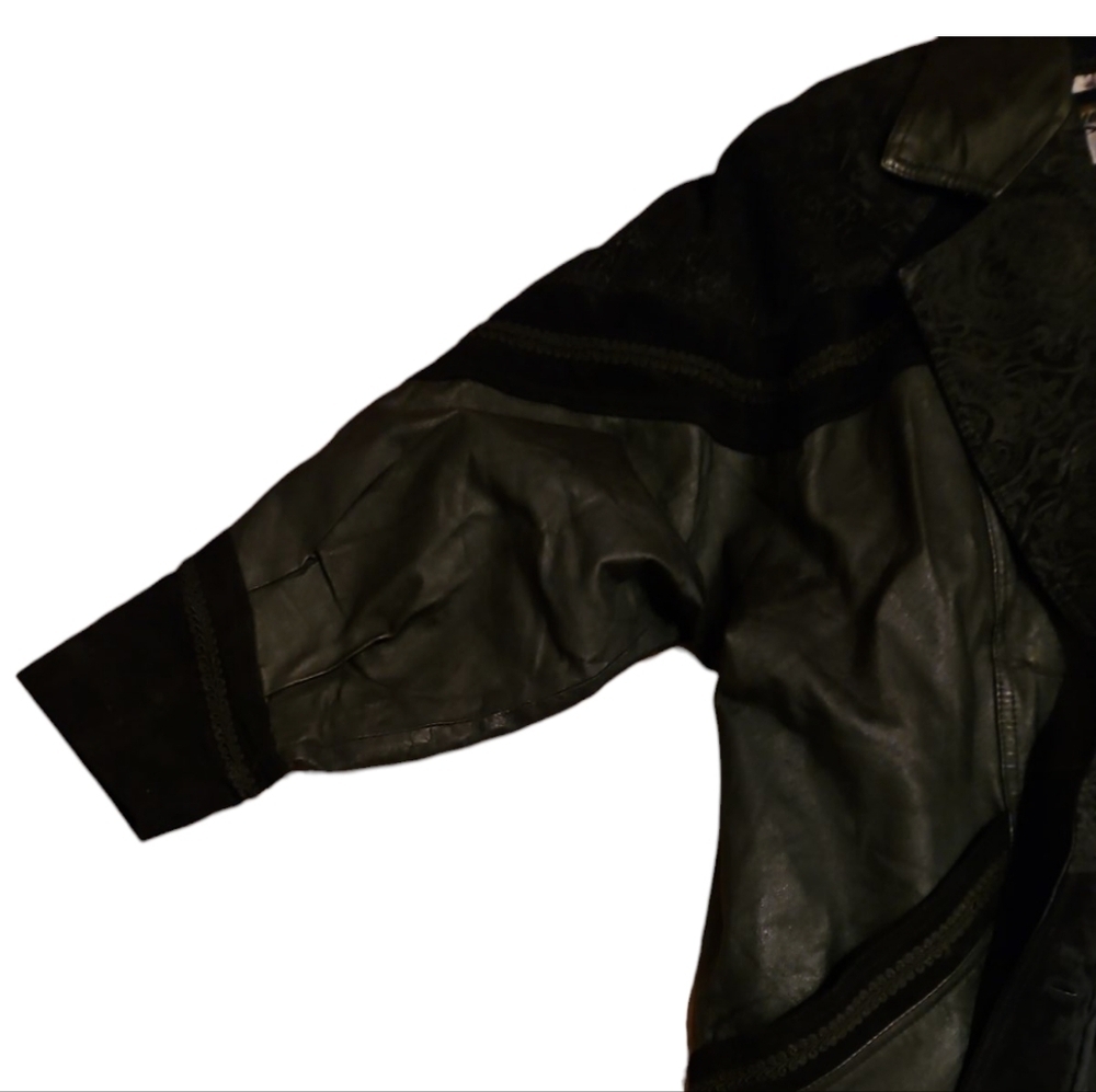 Vintage 80s Long Black Leather/Suede Trench Coat/Duster, Sz Med, Double G - Picture 10 of 12